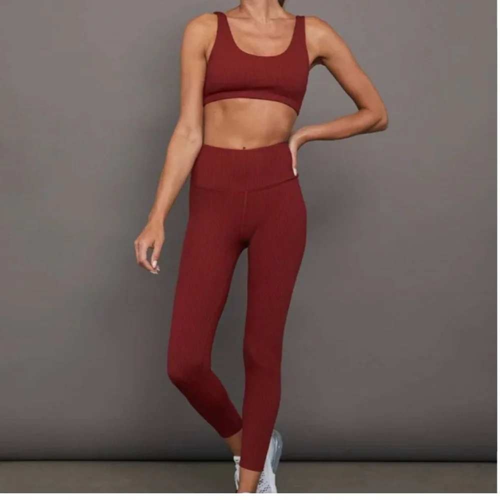 Carbon38 Ribbed High Waisted Leggings Burgundy Wine Xs Made In Usa Activewear